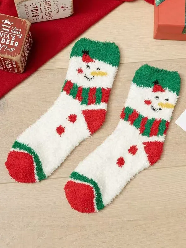Cartoon Printed Contrast Color Keep Warm Velvet Socks Accessories